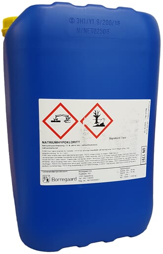 Natriumhypokloritt. 25 liter/30 kg.