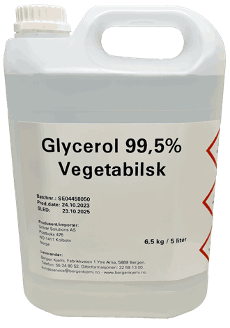 Glycerol. 99,5% vegetabilsk. 6,5 kg / 5 liter.