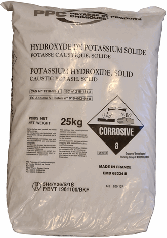 Kaliumhydroksid 90% flakes. 25 kg sekk.