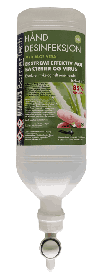 BarrierTech Hånddesinfeksjon Gel 85% med Aloe Vera. 1 liter.