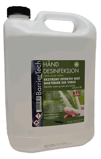 BarrierTech Hånddesinfeksjon Gel 85% med Aloe Vera. 5 liter.